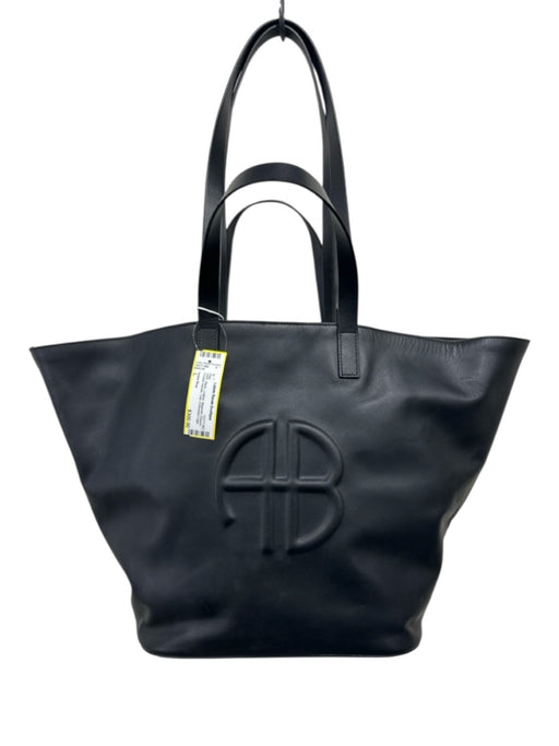 Anine Bing Black Leather Magnetic Closure Double Handle Tote Embossed Logo Bag Black / L