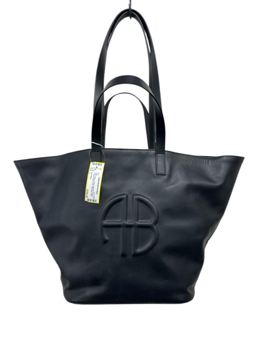 Anine Bing Black Leather Magnetic Closure Double Handle Tote Embossed Logo Bag Black / L