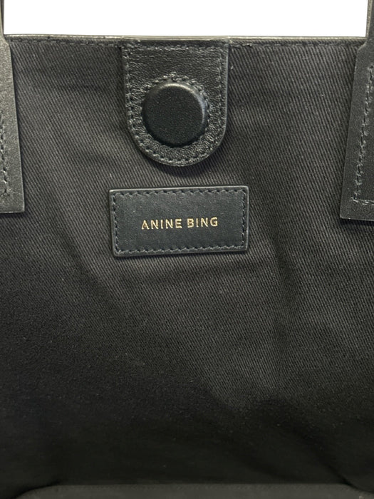 Anine Bing Black Leather Magnetic Closure Double Handle Tote Embossed Logo Bag Black / L