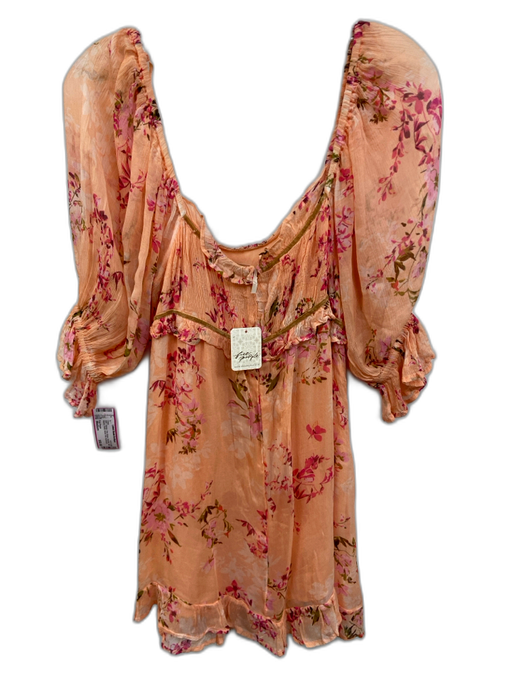 Free People Size Medium Orange, Pink, Brown Viscose Half Sleeve Floral Dress Orange, Pink, Brown / Medium