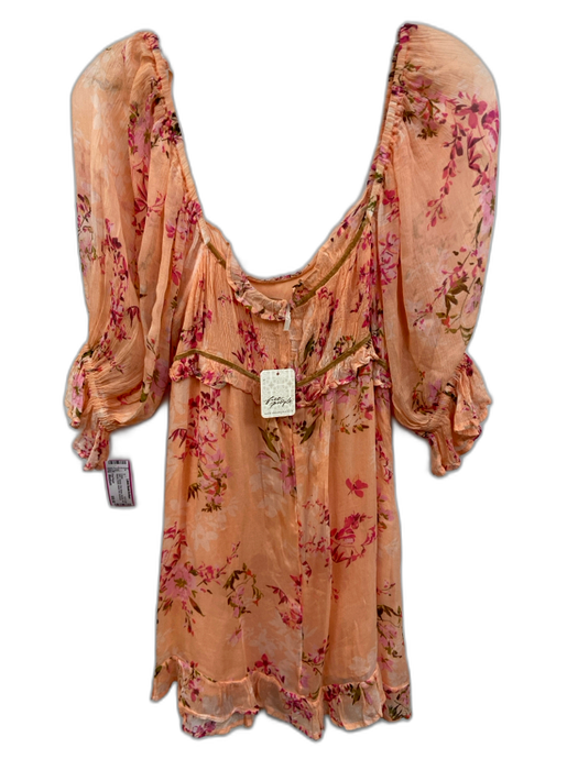 Free People Size Medium Orange, Pink, Brown Viscose Half Sleeve Floral Dress Orange, Pink, Brown / Medium