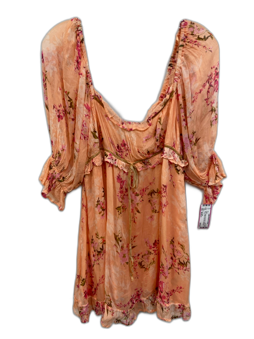Free People Size Medium Orange, Pink, Brown Viscose Half Sleeve Floral Dress Orange, Pink, Brown / Medium