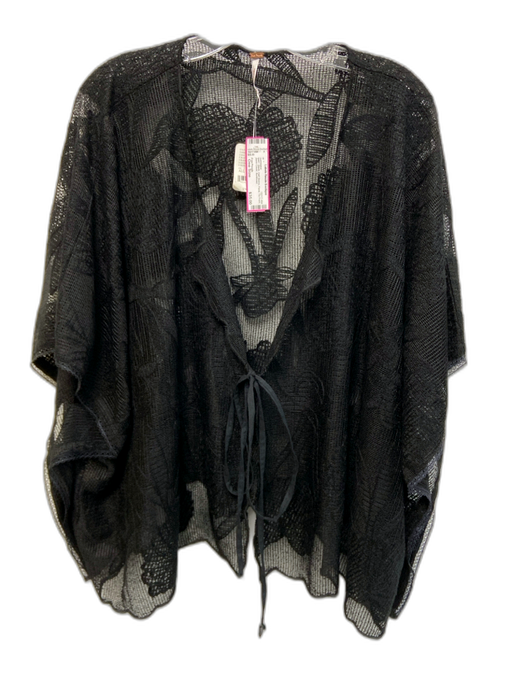 Free People Size One Size Black Half Sleeve Floral Tie Front Swim Cover swimwear Black / One Size