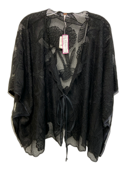 Free People Size One Size Black Half Sleeve Floral Tie Front Swim Cover swimwear Black / One Size