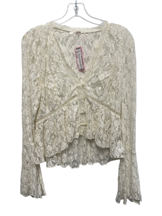 Free People Size Small Cream White Cotton Blend Long Flare Sleeve Sheer Top Cream White / Small