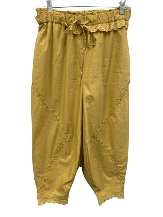Free People Size M Mustard Yellow Cotton Drawstring Waist Lace Trim Pants Mustard Yellow / M