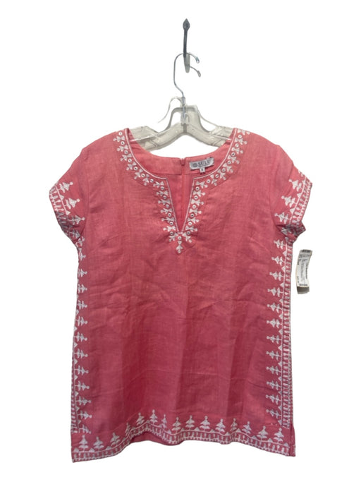 Sulu Size Small Coral Pink & White COTTON & LINEN Cap Sleeve Embroidered Top Coral Pink & White / Small