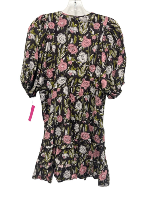 Saylor Size S Brown, Pink, Green Cotton Block Printed Floral Split V neck Dress Brown, Pink, Green / S