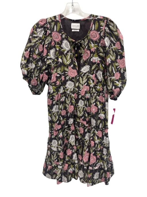 Saylor Size S Brown, Pink, Green Cotton Block Printed Floral Split V neck Dress Brown, Pink, Green / S