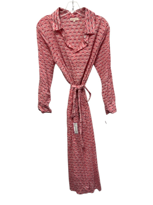 Marea Size M Pink & White Cotton Block Printed Flowers Quarter Button Midi Dress Pink & White / M