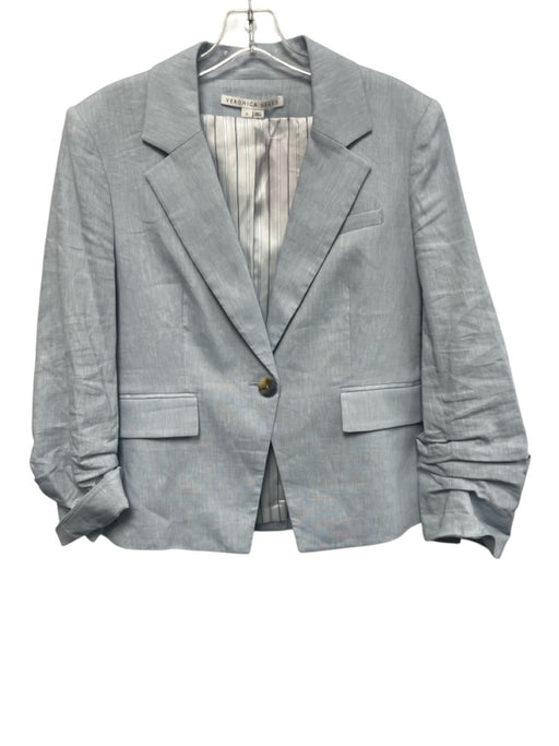 Veronica Beard Size 12 Light Blue Linen Blend Chambray Ruched Sleeve Jacket Light Blue / 12