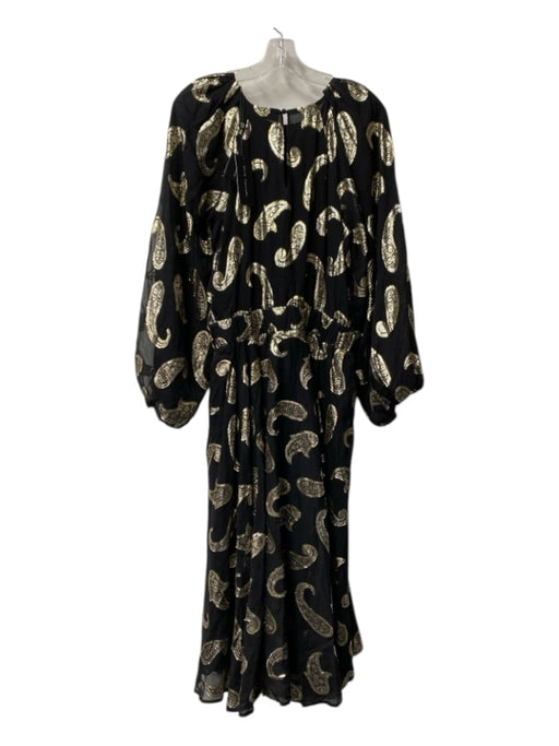 Elie Tahari Size Large Black & Gold Metallic Paisley Long Puff Sleeve Dress Black & Gold / Large