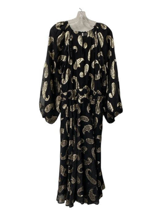 Elie Tahari Size Large Black & Gold Metallic Paisley Long Puff Sleeve Dress Black & Gold / Large