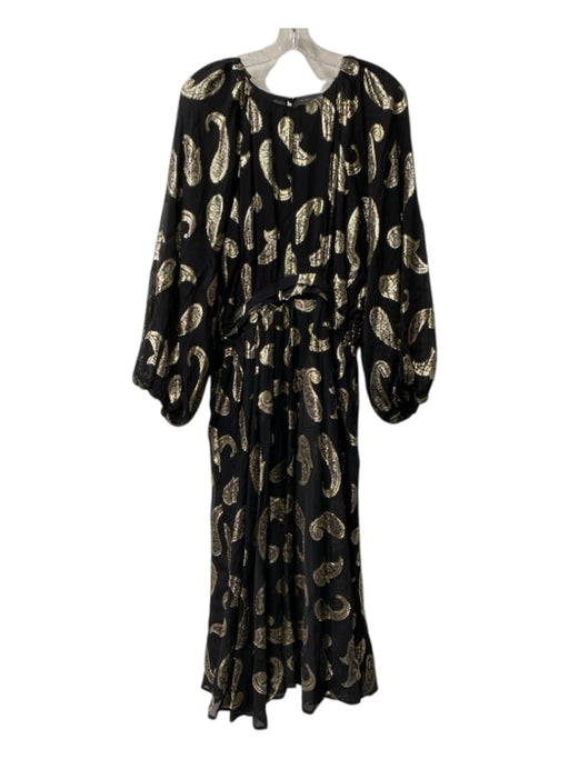 Elie Tahari Size Large Black & Gold Metallic Paisley Long Puff Sleeve Dress Black & Gold / Large