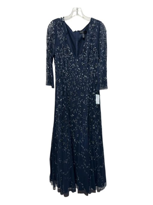 Aidan Mattox Size 12 Navy Blue Nylon Blend 3/4 Sleeve Beads & Sequins Tulle Gown Navy Blue / 12