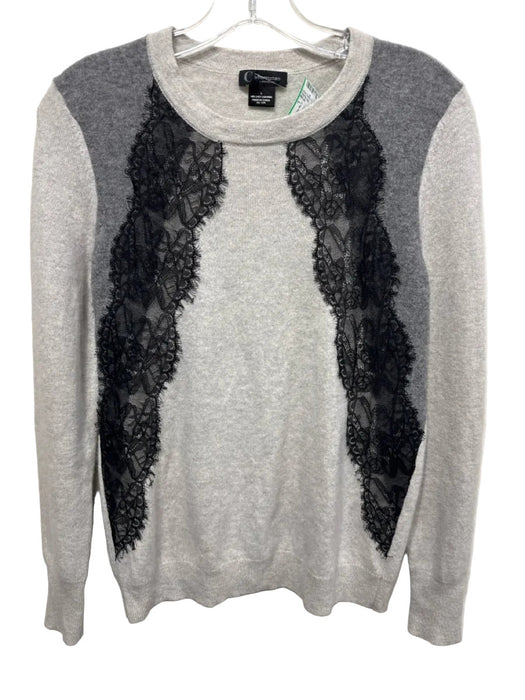 C by bloomingdales Size L Gray & Black Cashmere Rib Knit Lace Detail Sweater