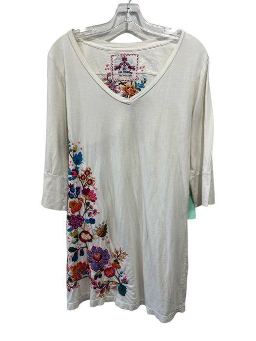 Johnny Was Size XL Cream, Pink & Multi Cotton 1/2 Sleeve Floral Embroidery Dress Cream, Pink & Multi / XL
