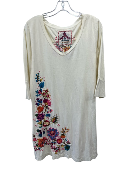 Johnny Was Size L Cream, Pink & Multi Cotton 1/2 Sleeve Floral Embroidery Dress Cream, Pink & Multi / L