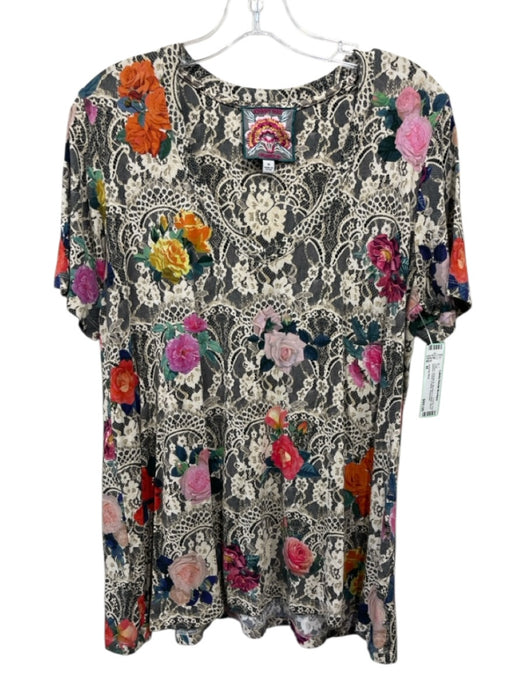 Johnny Was Size M Cream, Orange &  Mustard Cotton Short Sleeve Floral V Neck Top Cream, Orange &  Mustard / M