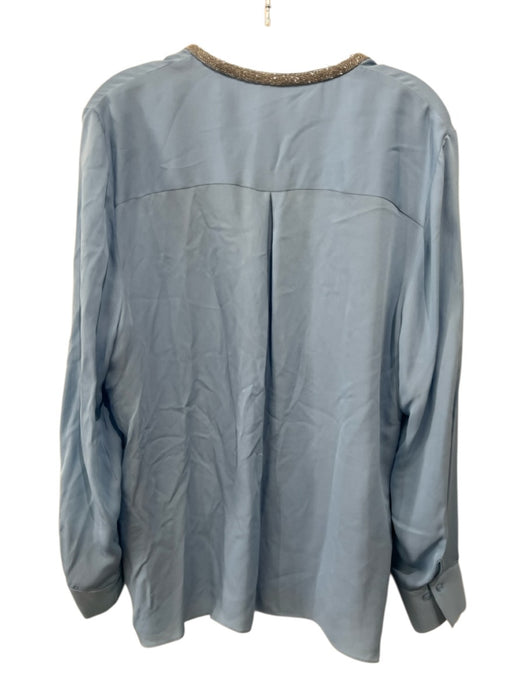 Elie Tahari Size XL Blue & Silver Silk Long Sleeve Beaded Detail Tassel Top Blue & Silver / XL