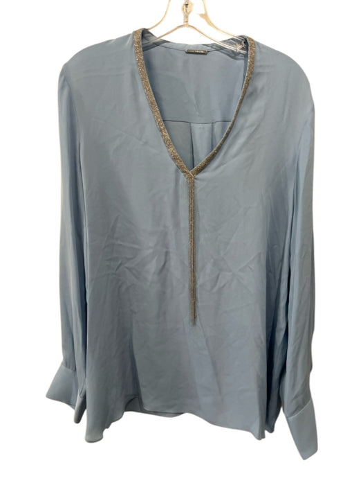 Elie Tahari Size XL Blue & Silver Silk Long Sleeve Beaded Detail Tassel Top Blue & Silver / XL