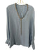 Elie Tahari Size XL Blue & Silver Silk Long Sleeve Beaded Detail Tassel Top Blue & Silver / XL