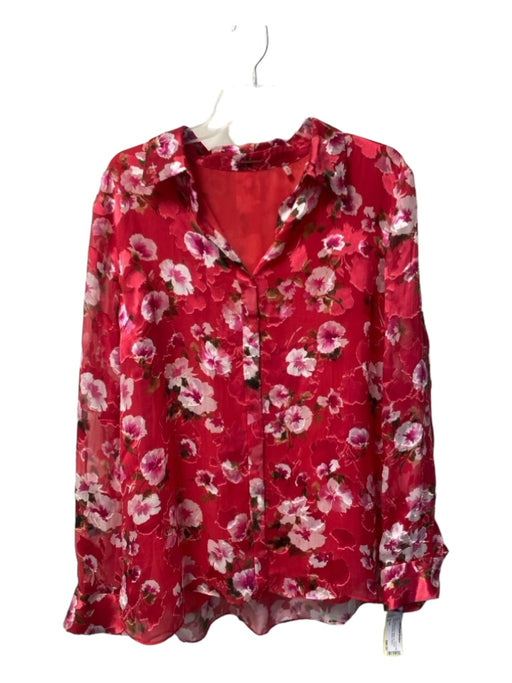 Elie Tahari Size XL Red & White Rayon Button Up Floral Collared Top Red & White / XL