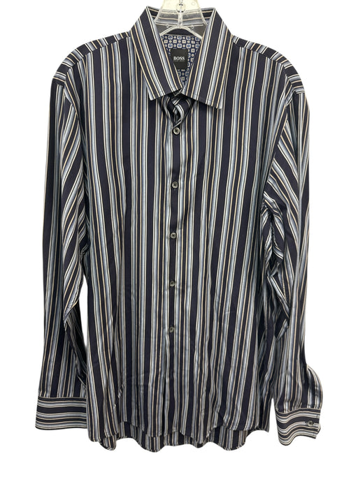 Boss Size L Navy Cotton Blend Striped Button Up Men's Long Sleeve Shirt Navy / L