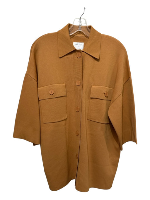 Sandro Size 56 Orange Cotton Blend Button Up Ribbed Short Sleeve Pockets Dress Orange / 56