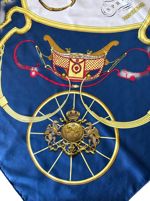 Hermes Navy Blue, Yellow, Red, White Silk Filigree Carriage Coat of Arms scarf Navy Blue, Yellow, Red, White / 90cm