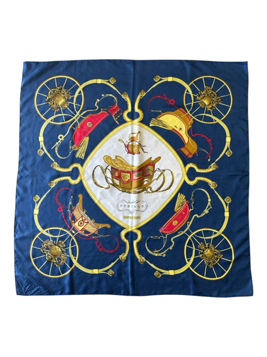 Hermes Navy Blue, Yellow, Red, White Silk Filigree Carriage Coat of Arms scarf Navy Blue, Yellow, Red, White / 90cm