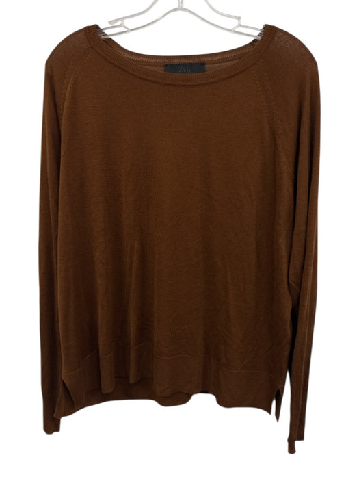 Zara Size L Brown Viscose Blend Long Sleeve Wide Neck Top Brown / L
