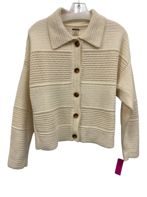 Magaschoni Size L White Cotton Collar Open Knit Button Up Jacket White / L