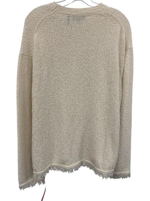 Theory Size L Cream White Cotton Blend Long Sleeve Fringe Hem Crew Neck Sweater Cream White / L