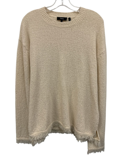 Theory Size L Cream White Cotton Blend Long Sleeve Fringe Hem Crew Neck Sweater Cream White / L