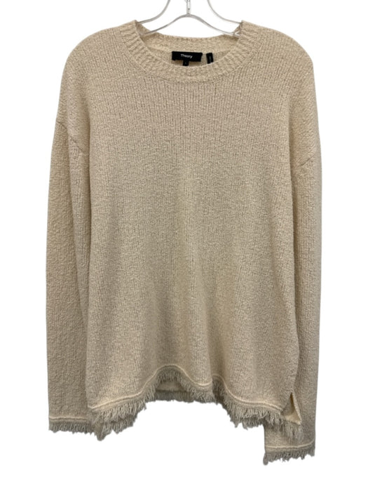 Theory Size L Cream White Cotton Blend Long Sleeve Fringe Hem Crew Neck Sweater Cream White / L