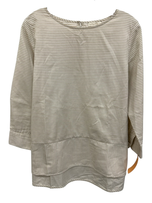 Ann Mashburn Size M White & Beige Cotton Horizontal Stripes Wide Neck Top White & Beige / M
