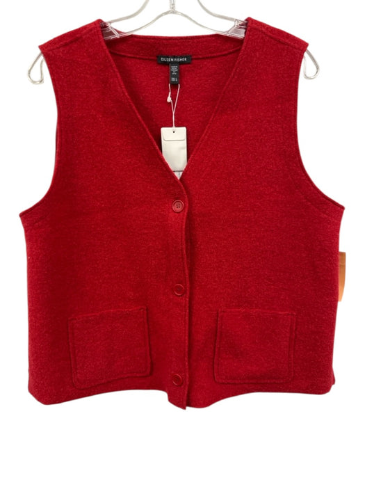 Eileen Fisher Size L Red Wool V Neck Button Down Sleeveless Vest Red / L