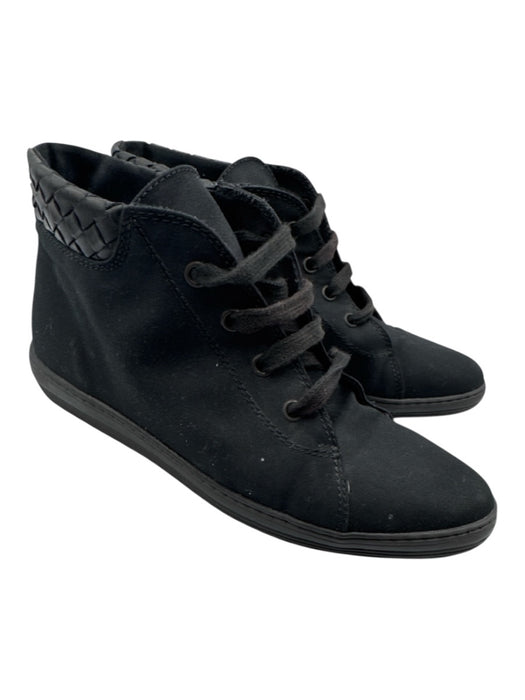 Bottega Veneta Shoe Size 39 Black Canvas & Leather Woven Detail Lace Up Sneakers Black / 39