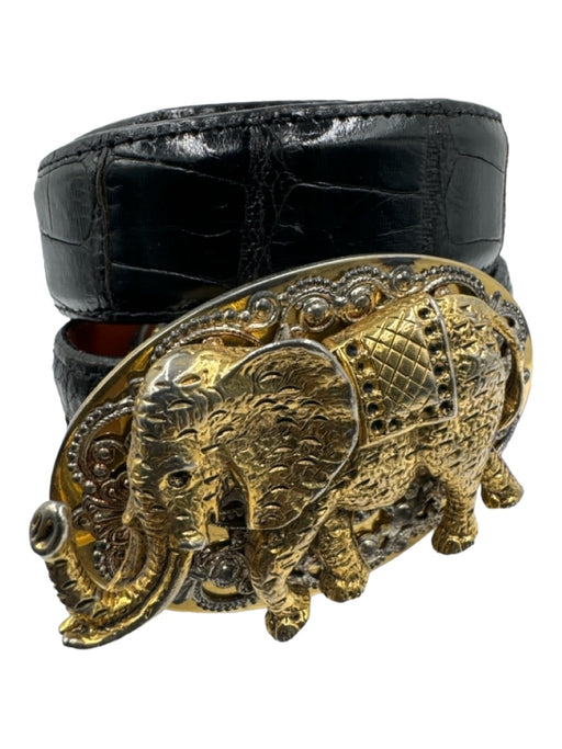 House of Fleming Black & Gold Alligator Leather Elephant Oval Buckle Belts Black & Gold / L