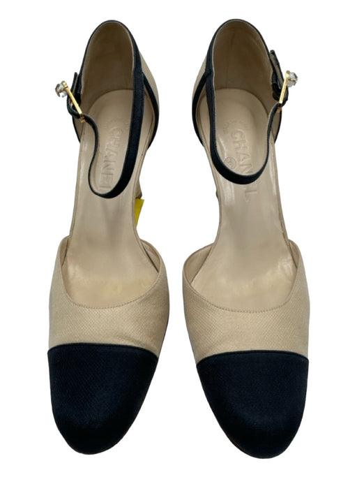 Chanel Shoe Size 38.5 Cream & Navy Fabric Cap Toe Ankle Buckle Wedge Pumps Cream & Navy / 38.5