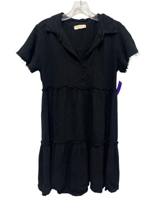 Stark X Size Small Black Cotton Short Sleeve Gauze Fringe Tiered Dress Black / Small