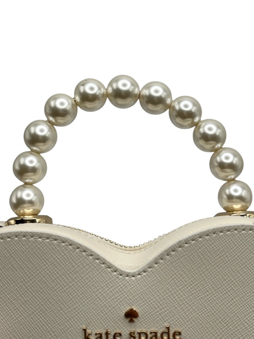 Kate Spade Cream White Saffiano Leather Faux Pearl Heart Zip Close Logo Bag Cream White / Mini