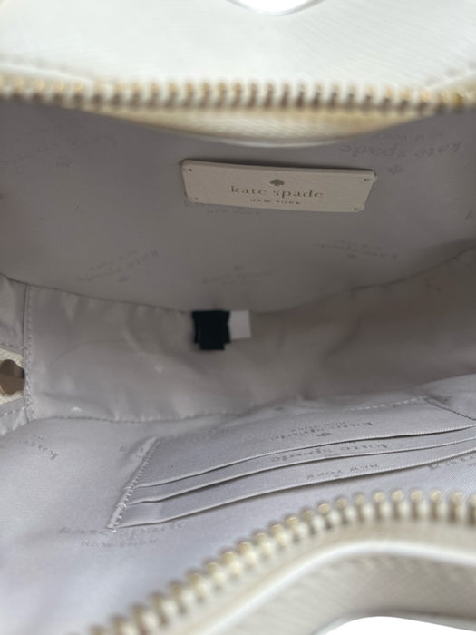 Kate Spade Cream White Saffiano Leather Faux Pearl Heart Zip Close Logo Bag Cream White / Mini