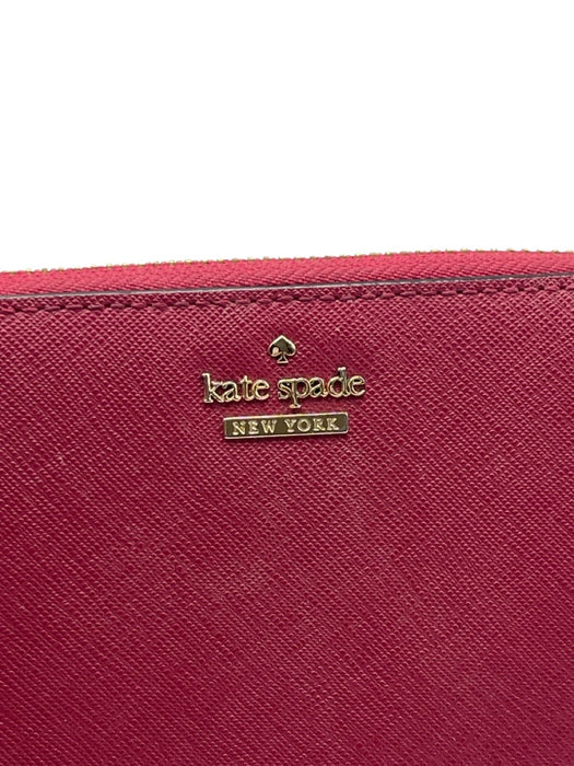 Kate Spade Raspberry Pink Saffiano Leather Zip Close Logo Back Pocket Wallets Raspberry Pink