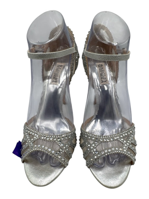 Badgley Mischka Shoe Size 7 Silver Leather Ankle Strap Rhinestone Open Toe Pumps Silver / 7
