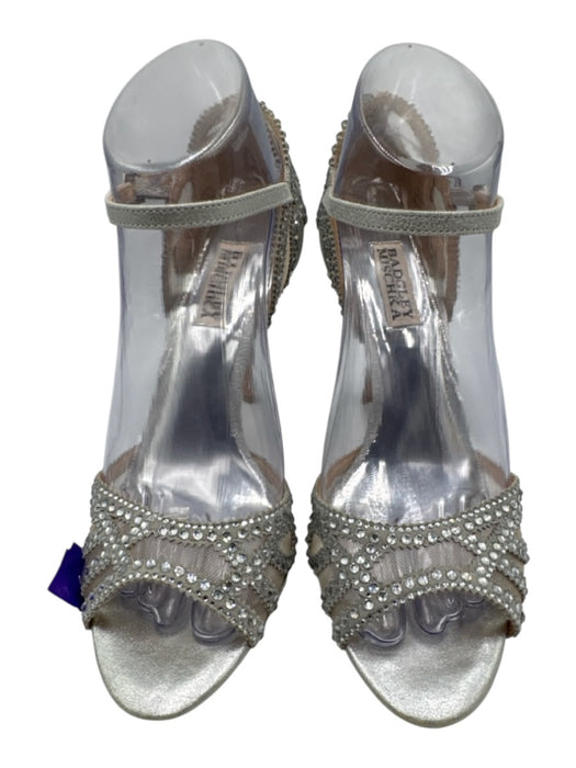 Badgley Mischka Shoe Size 7 Silver Leather Ankle Strap Rhinestone Open Toe Pumps Silver / 7