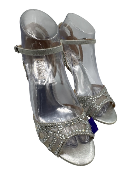 Badgley Mischka Shoe Size 7 Silver Leather Ankle Strap Rhinestone Open Toe Pumps Silver / 7