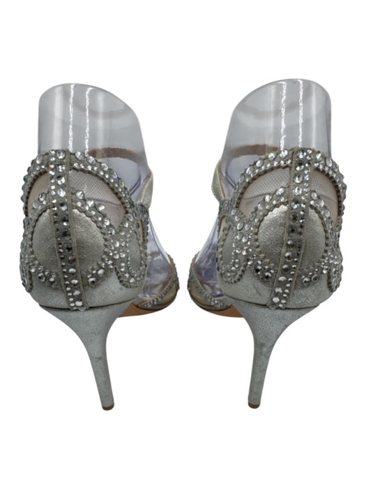 Badgley Mischka Shoe Size 7 Silver Leather Ankle Strap Rhinestone Open Toe Pumps Silver / 7