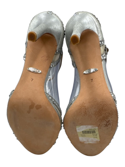 Badgley Mischka Shoe Size 7 Silver Leather Ankle Strap Rhinestone Open Toe Pumps Silver / 7